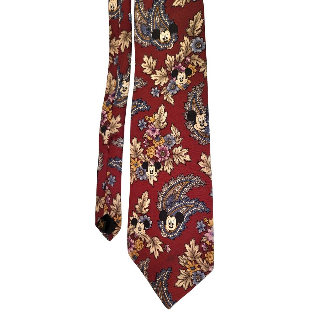 Vintage Walt Disney Silk Tie MICKEY Mouse Red Paisley Floral & Leaves 59" - Picture 2 of 8